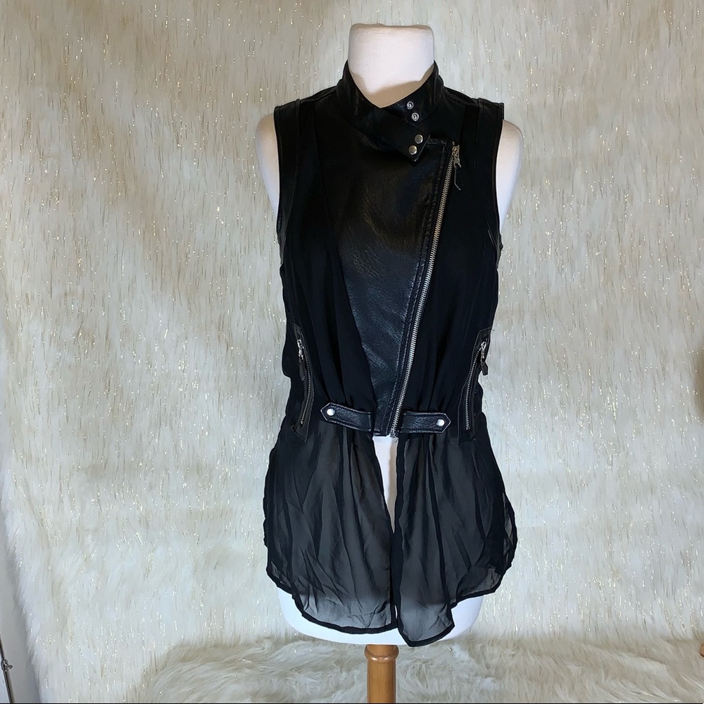 Edgy Style Sheer Top Faux Leather Zipper Size M
